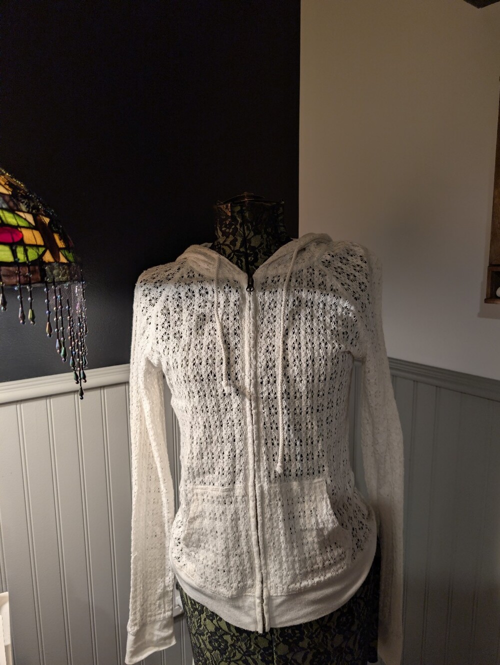 Lightweight White Hooded Crochet Zip Front
